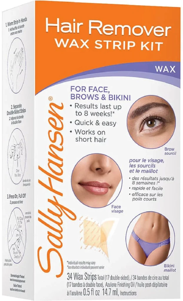 3- Sally Hansen Hair Remover Wax Strip Kit for Face, Eyebrows and Bikini, 34 Strips, Wax Hair